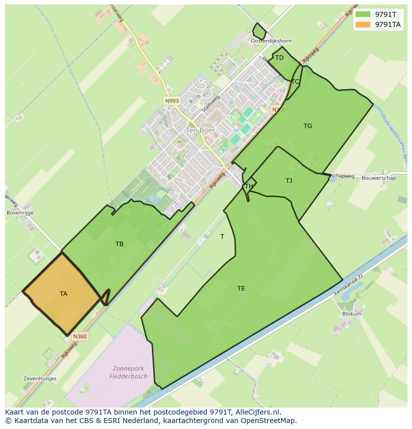 Afbeelding van het postcodegebied 9791 TA op de kaart.