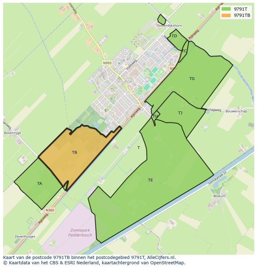 Afbeelding van het postcodegebied 9791 TB op de kaart.