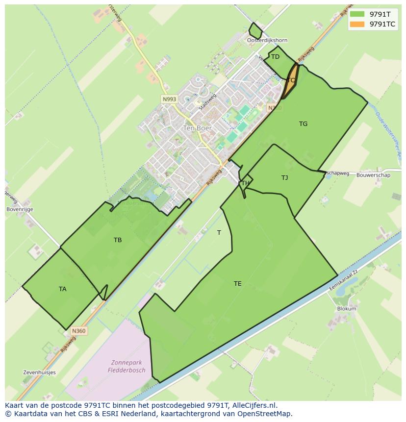 Afbeelding van het postcodegebied 9791 TC op de kaart.