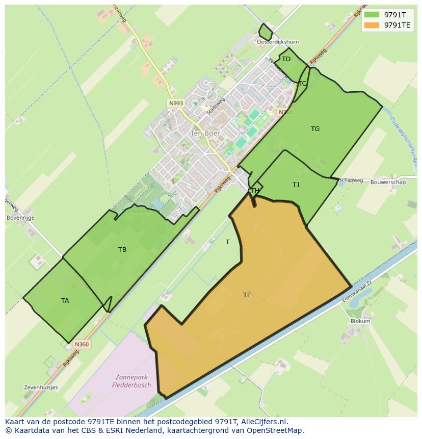 Afbeelding van het postcodegebied 9791 TE op de kaart.