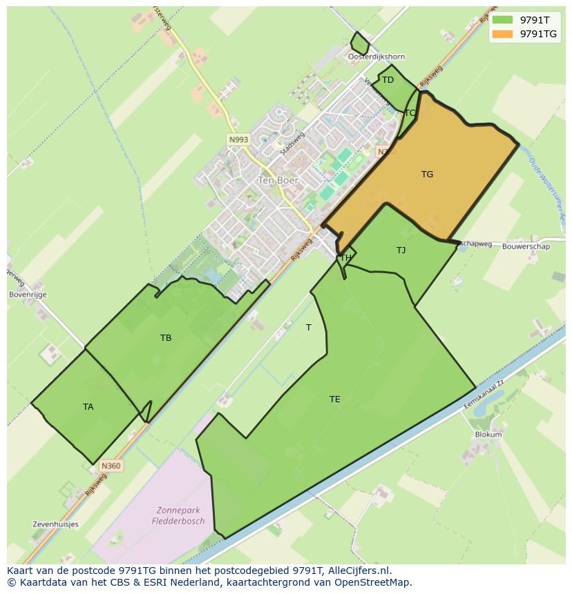 Afbeelding van het postcodegebied 9791 TG op de kaart.