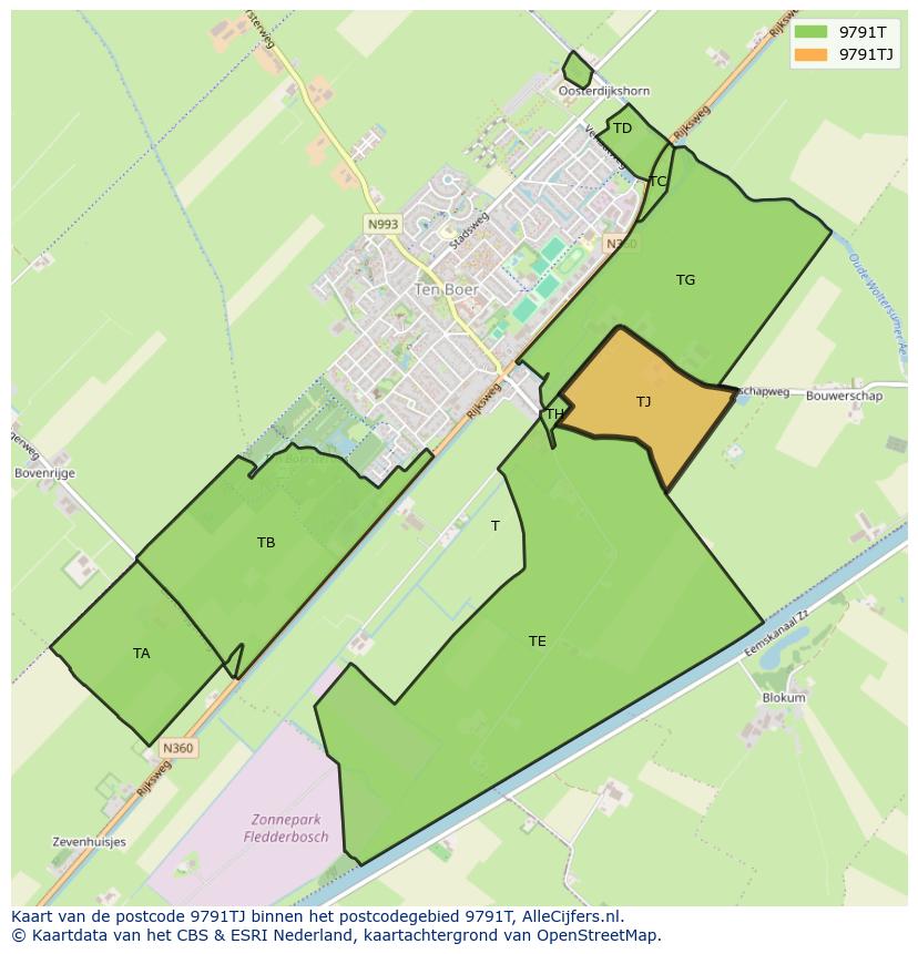 Afbeelding van het postcodegebied 9791 TJ op de kaart.