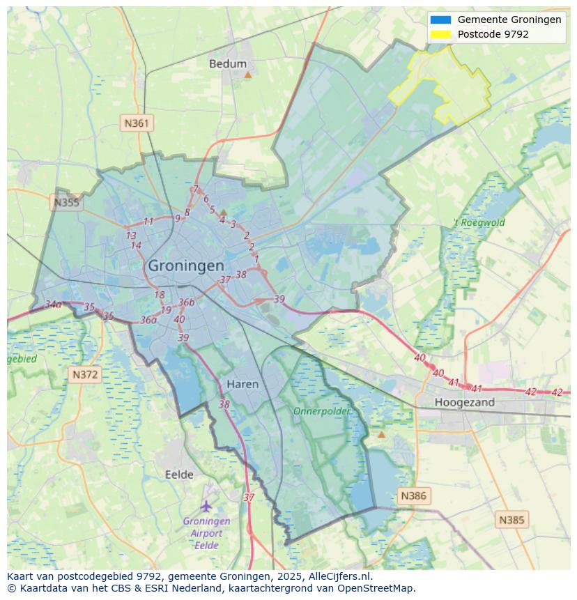 Afbeelding van het postcodegebied 9792 op de kaart.