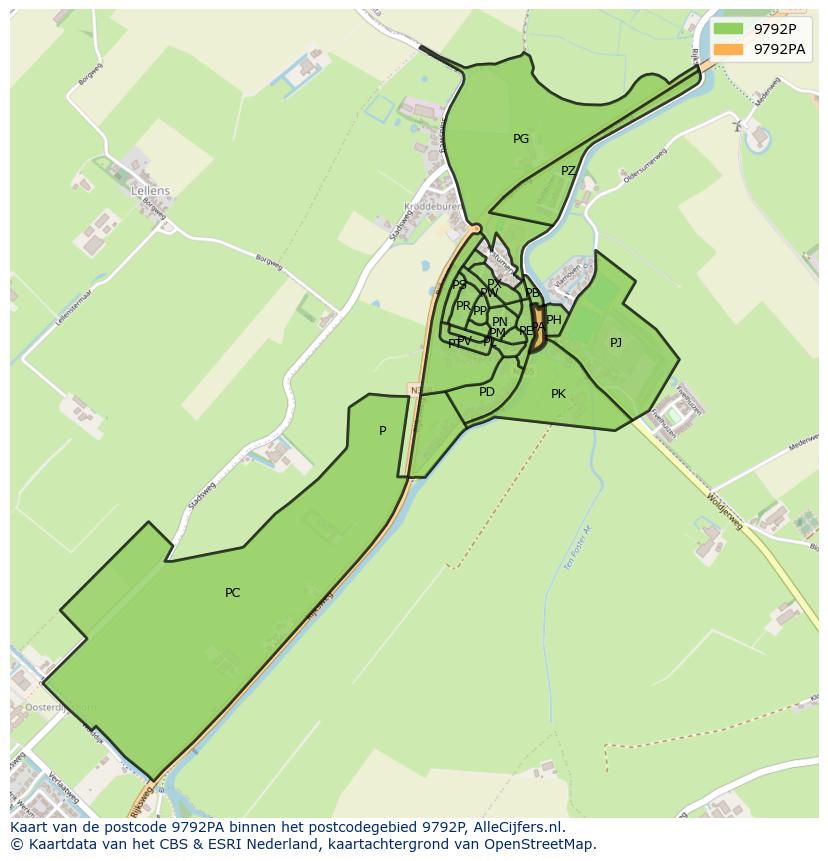 Afbeelding van het postcodegebied 9792 PA op de kaart.