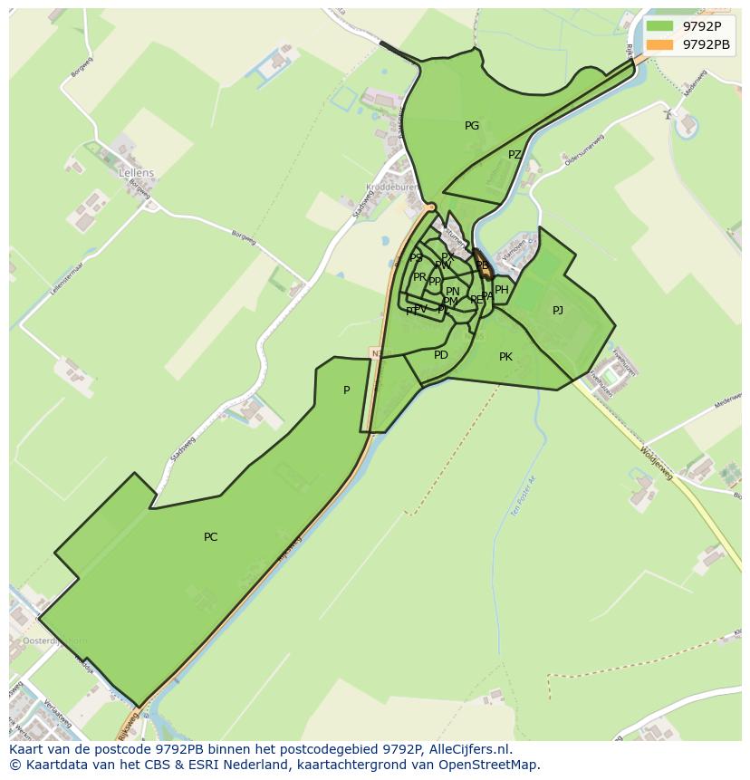 Afbeelding van het postcodegebied 9792 PB op de kaart.
