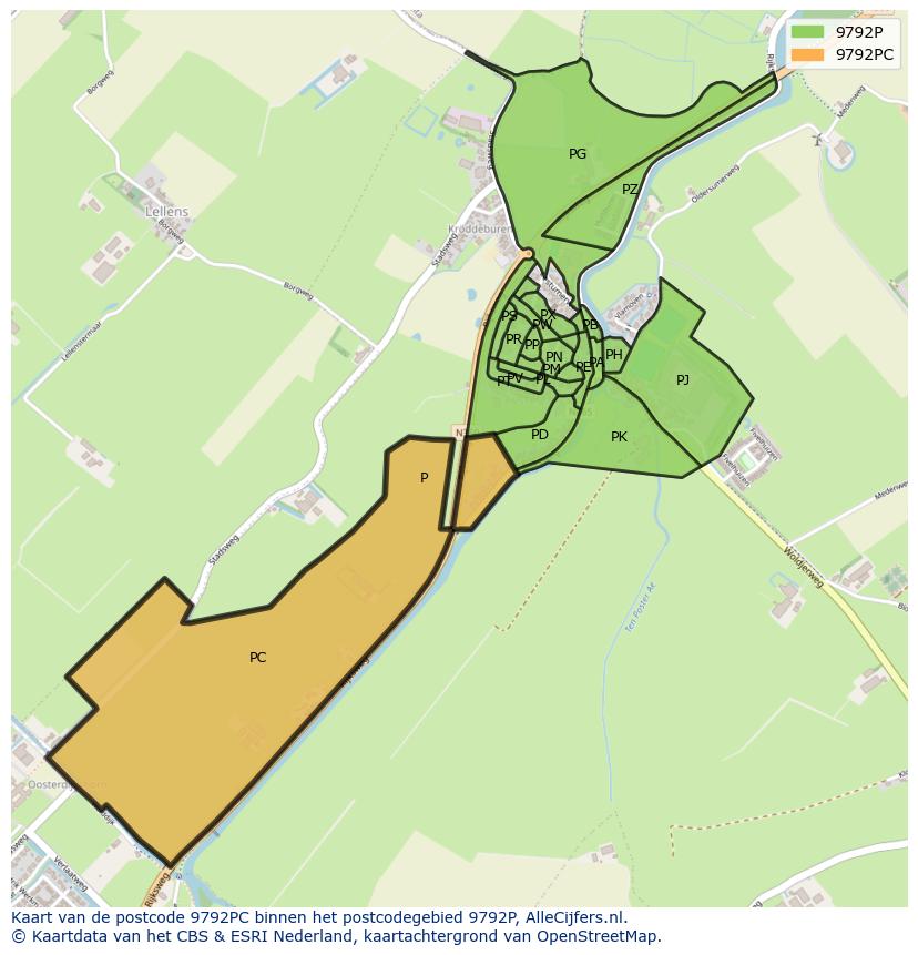 Afbeelding van het postcodegebied 9792 PC op de kaart.