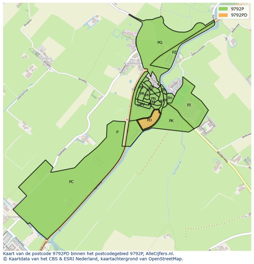 Afbeelding van het postcodegebied 9792 PD op de kaart.