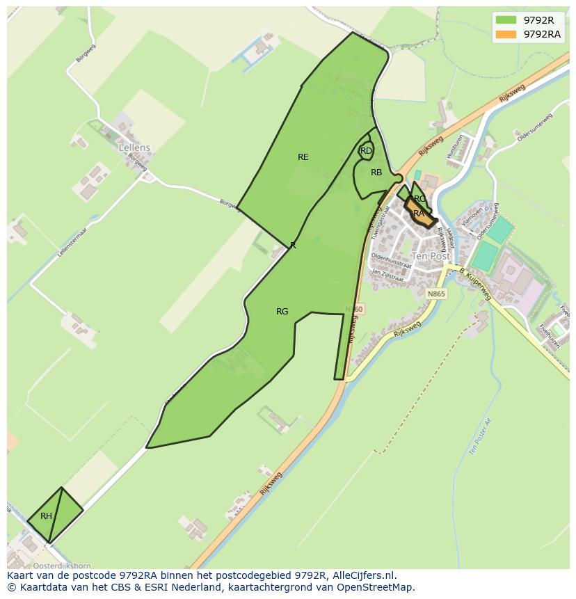 Afbeelding van het postcodegebied 9792 RA op de kaart.