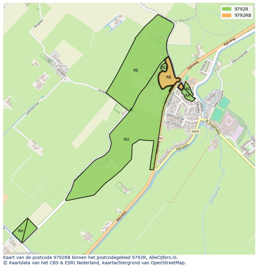 Afbeelding van het postcodegebied 9792 RB op de kaart.