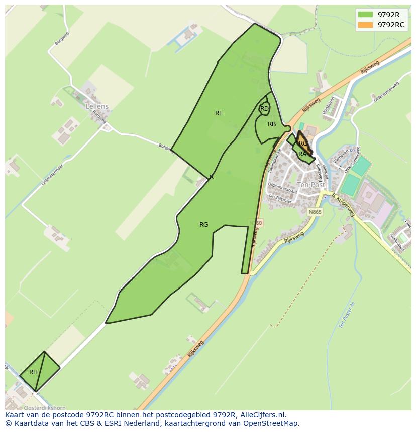 Afbeelding van het postcodegebied 9792 RC op de kaart.