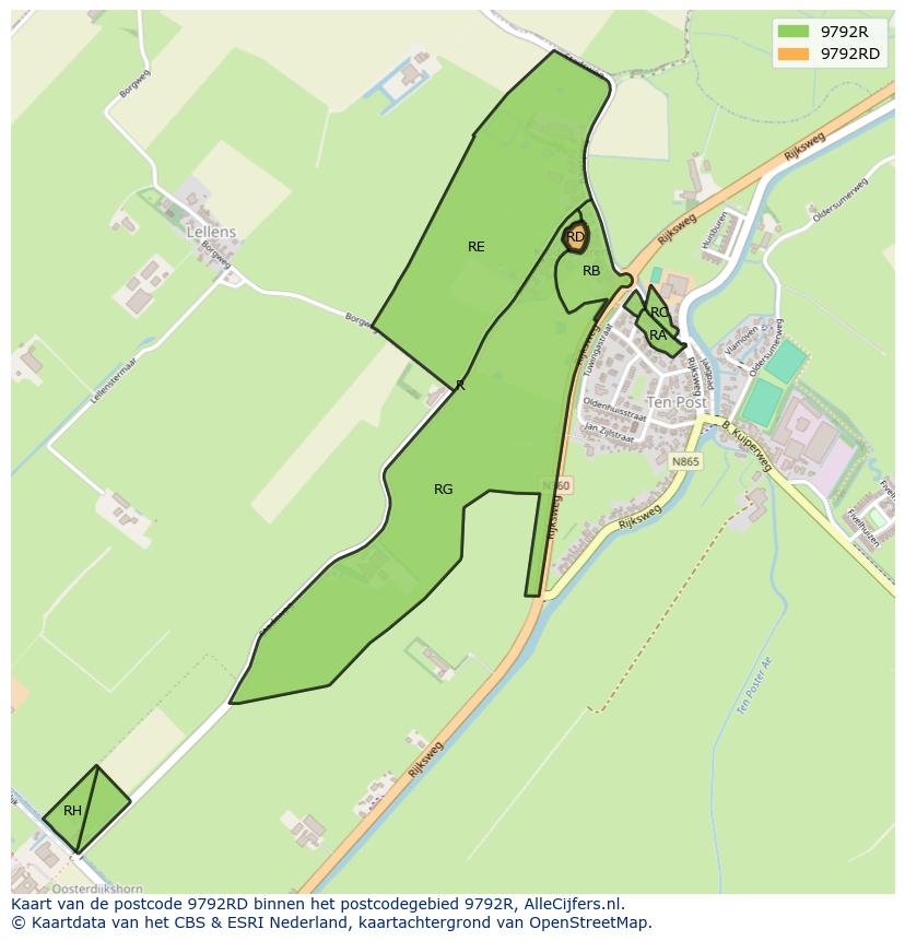 Afbeelding van het postcodegebied 9792 RD op de kaart.