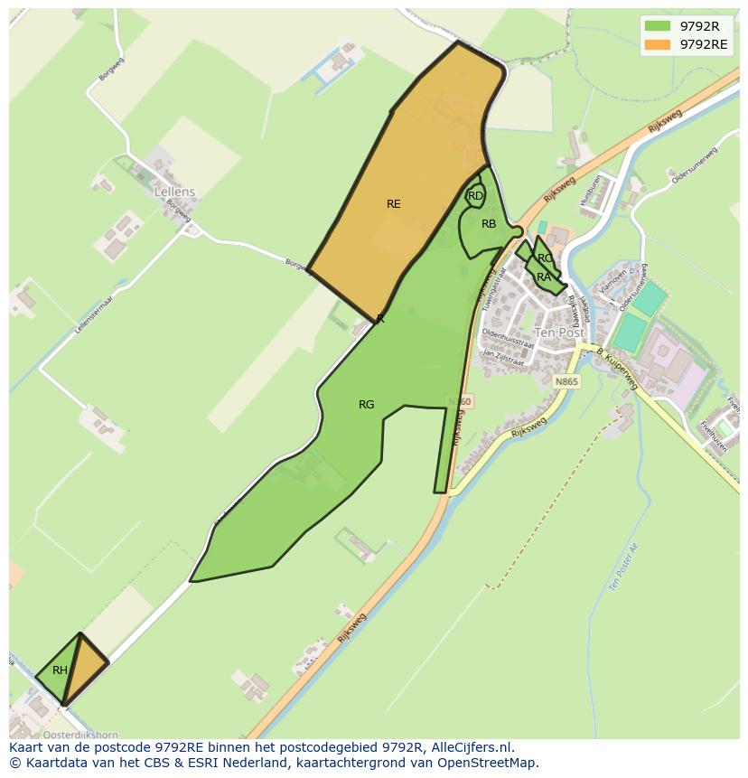 Afbeelding van het postcodegebied 9792 RE op de kaart.