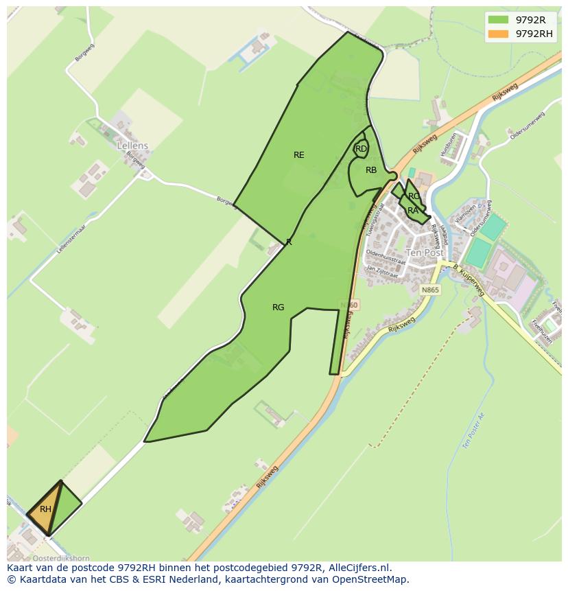 Afbeelding van het postcodegebied 9792 RH op de kaart.