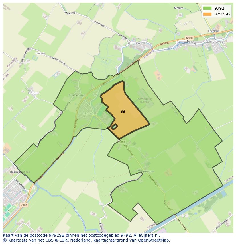 Afbeelding van het postcodegebied 9792 SB op de kaart.