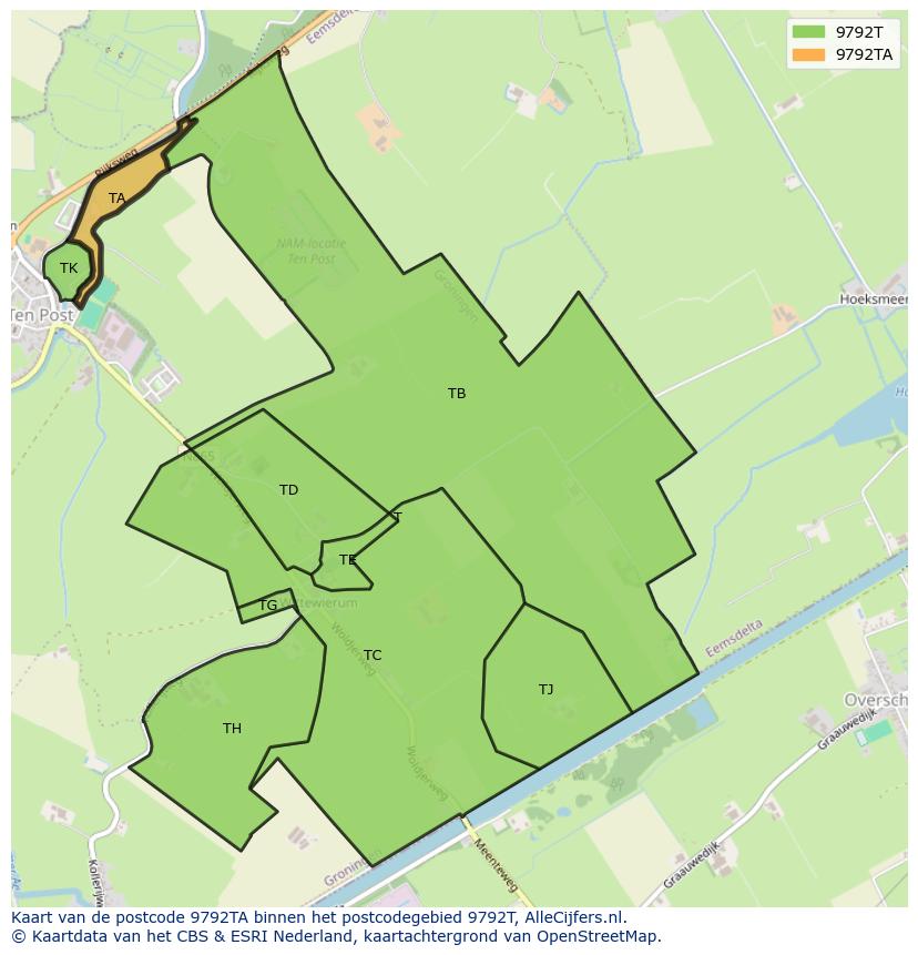 Afbeelding van het postcodegebied 9792 TA op de kaart.