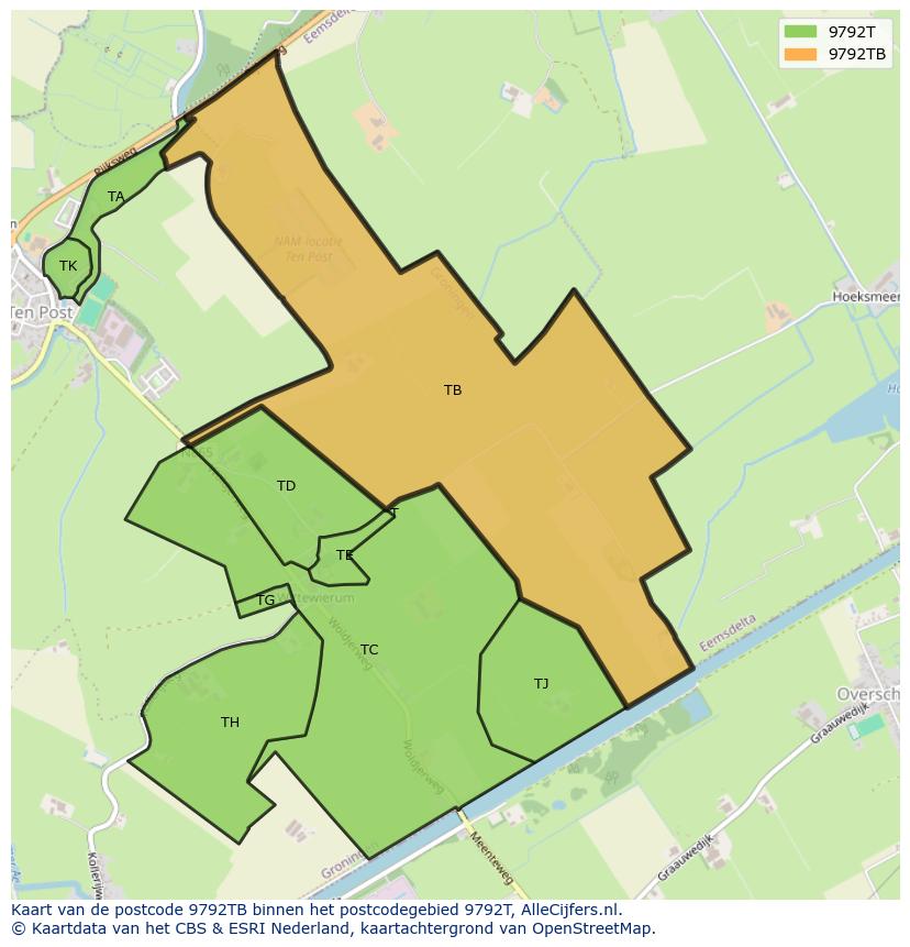 Afbeelding van het postcodegebied 9792 TB op de kaart.