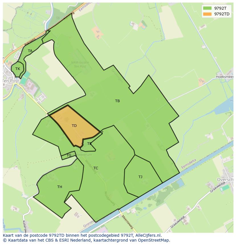 Afbeelding van het postcodegebied 9792 TD op de kaart.