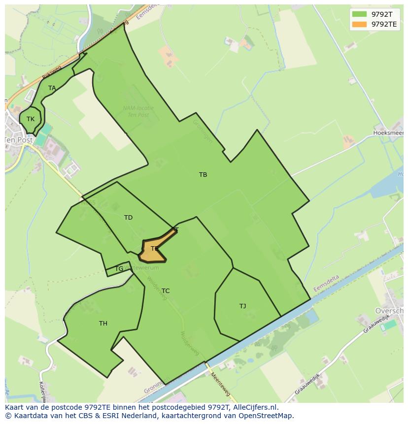 Afbeelding van het postcodegebied 9792 TE op de kaart.