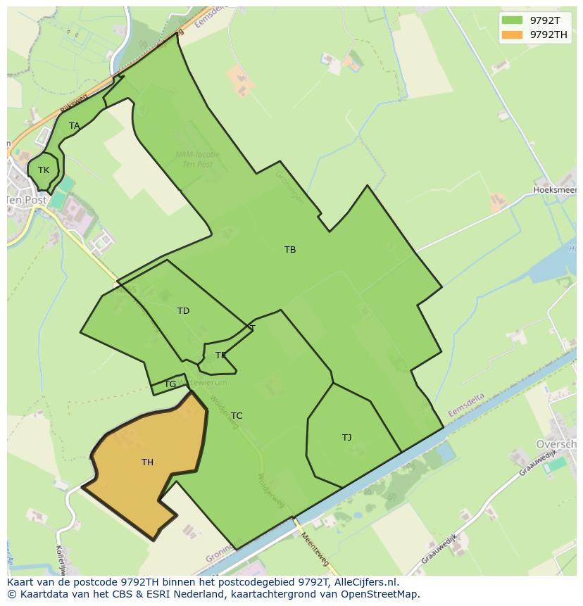 Afbeelding van het postcodegebied 9792 TH op de kaart.