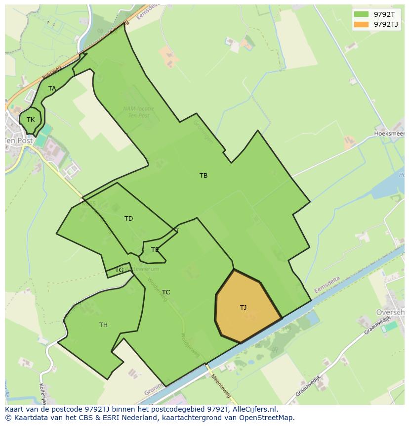 Afbeelding van het postcodegebied 9792 TJ op de kaart.