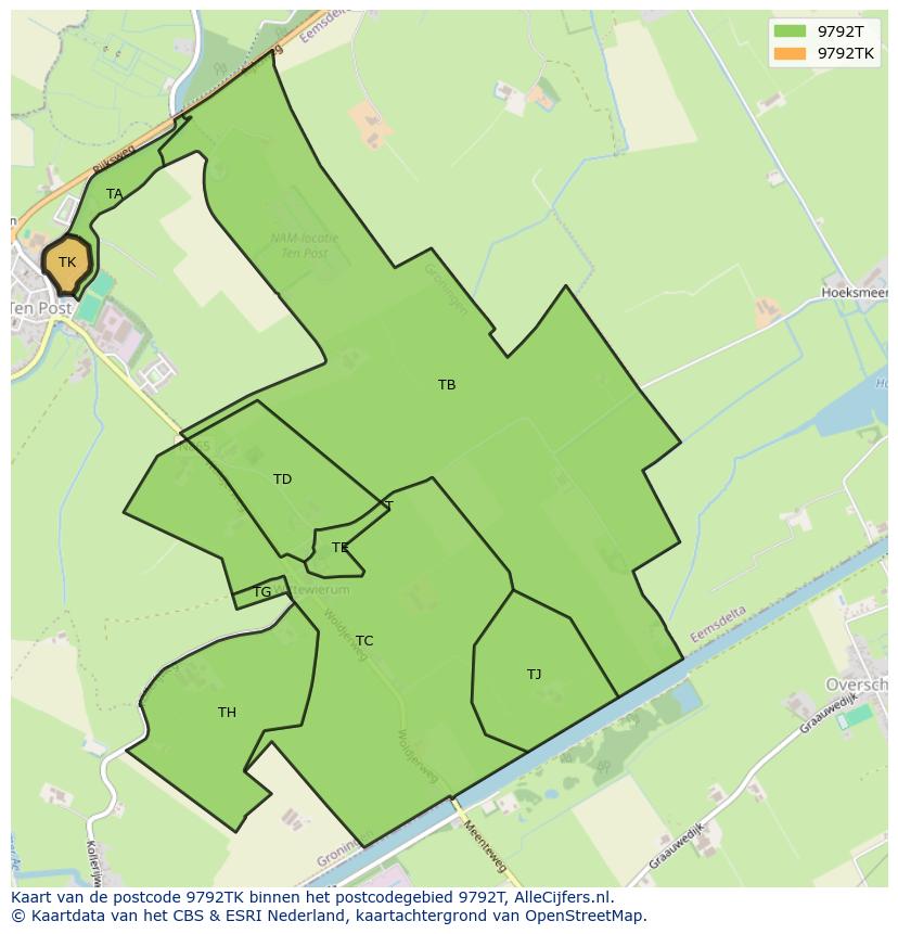 Afbeelding van het postcodegebied 9792 TK op de kaart.