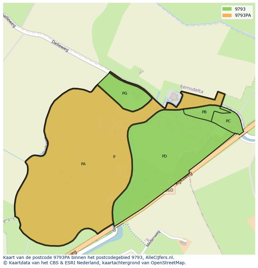 Afbeelding van het postcodegebied 9793 PA op de kaart.