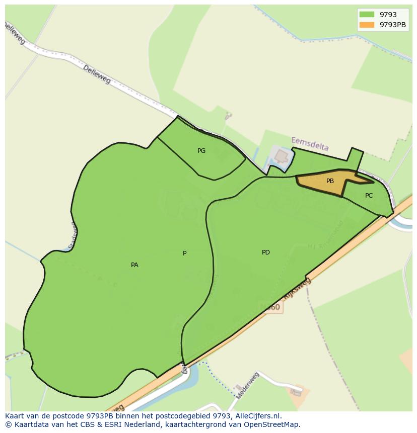 Afbeelding van het postcodegebied 9793 PB op de kaart.