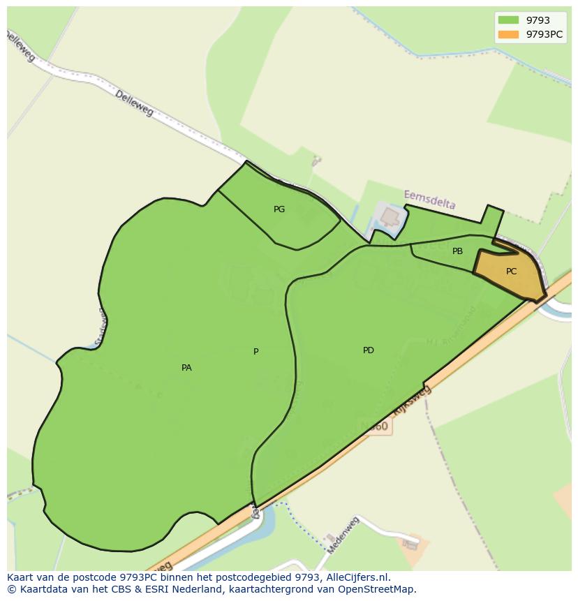 Afbeelding van het postcodegebied 9793 PC op de kaart.