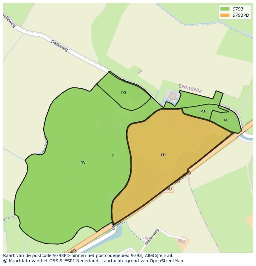 Afbeelding van het postcodegebied 9793 PD op de kaart.