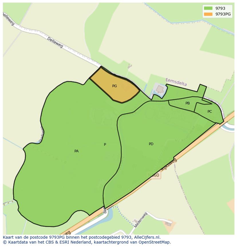 Afbeelding van het postcodegebied 9793 PG op de kaart.