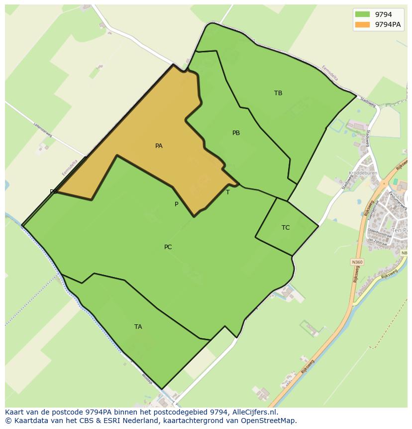 Afbeelding van het postcodegebied 9794 PA op de kaart.