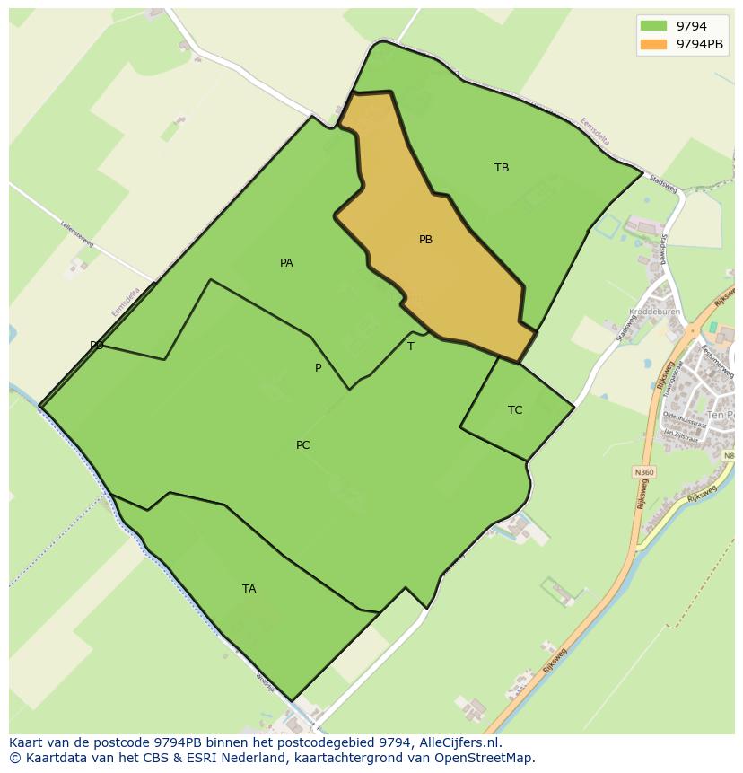 Afbeelding van het postcodegebied 9794 PB op de kaart.