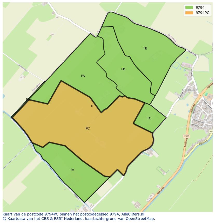 Afbeelding van het postcodegebied 9794 PC op de kaart.