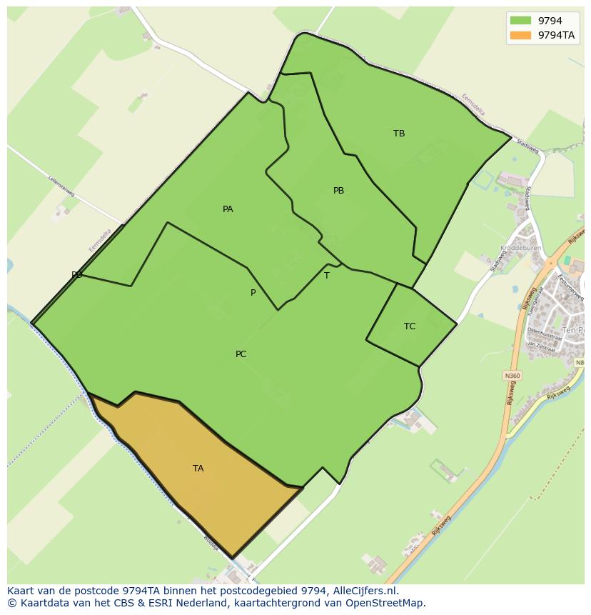 Afbeelding van het postcodegebied 9794 TA op de kaart.