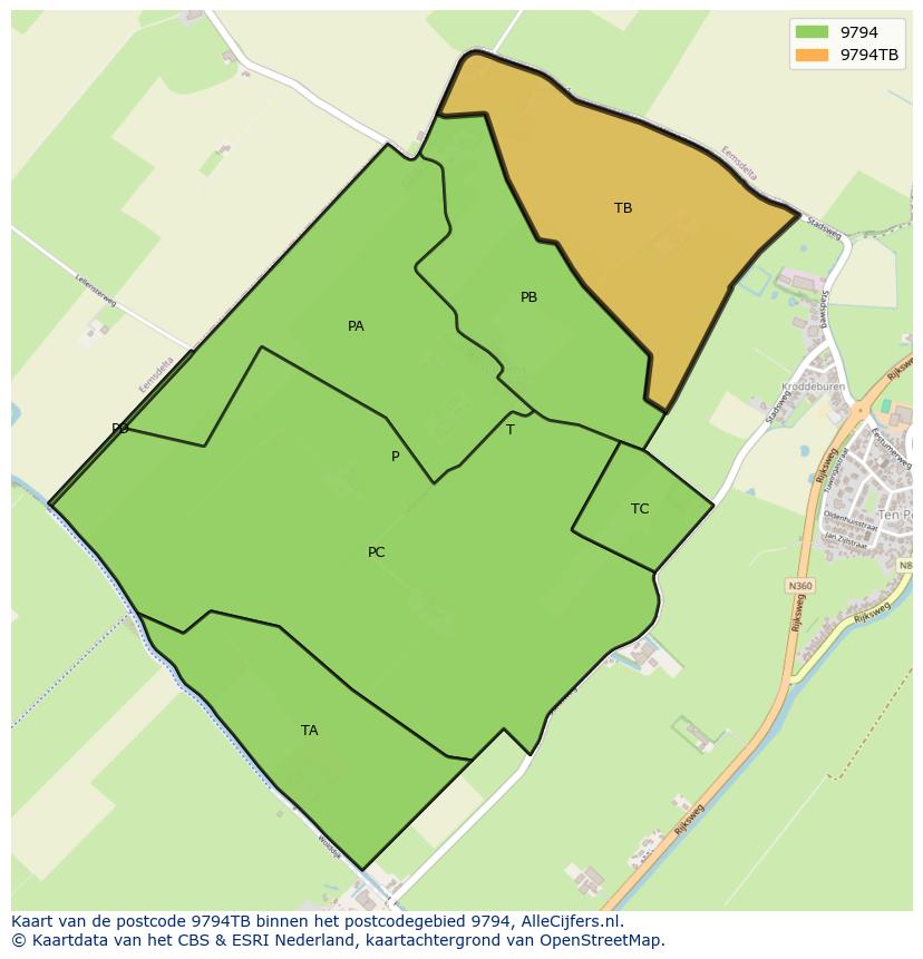 Afbeelding van het postcodegebied 9794 TB op de kaart.