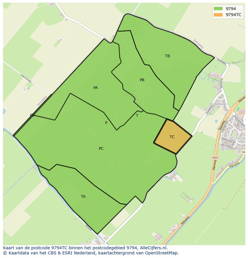 Afbeelding van het postcodegebied 9794 TC op de kaart.