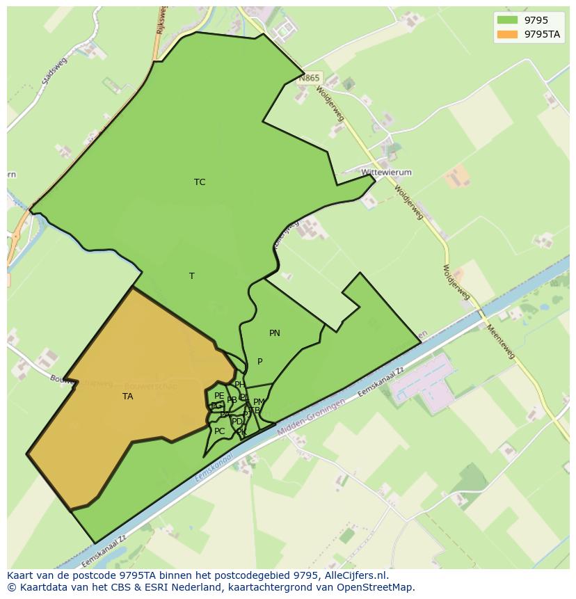 Afbeelding van het postcodegebied 9795 TA op de kaart.