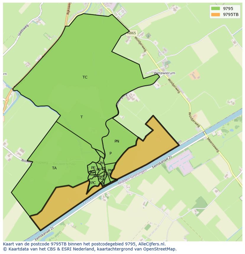 Afbeelding van het postcodegebied 9795 TB op de kaart.