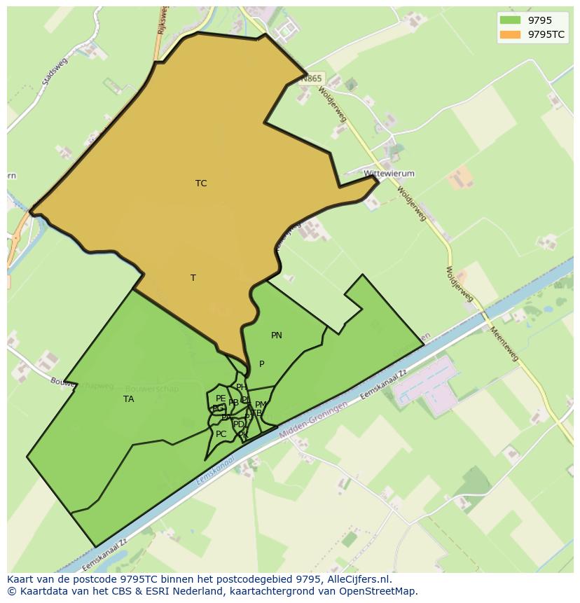 Afbeelding van het postcodegebied 9795 TC op de kaart.