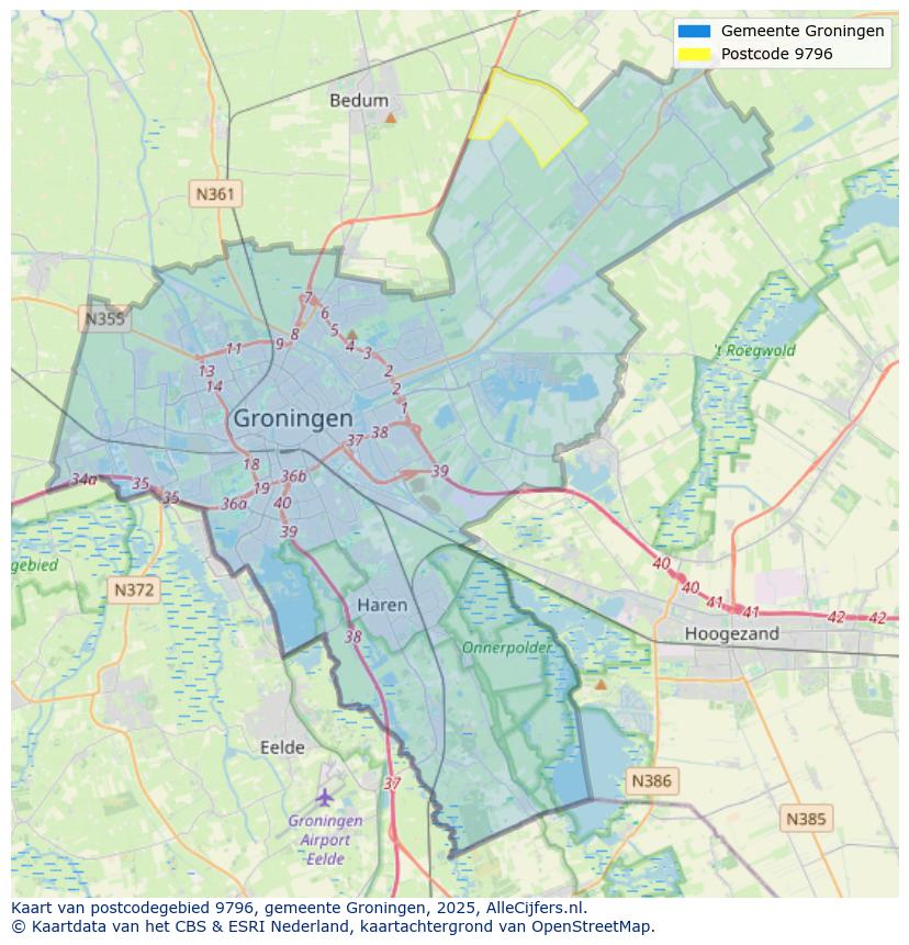 Afbeelding van het postcodegebied 9796 op de kaart.