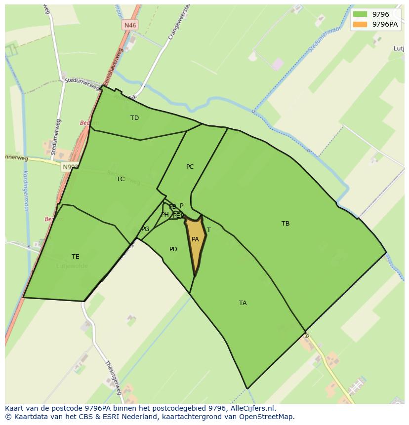 Afbeelding van het postcodegebied 9796 PA op de kaart.