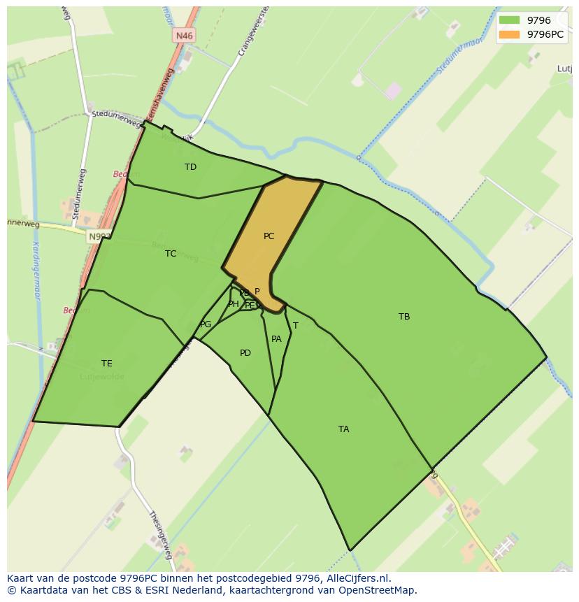 Afbeelding van het postcodegebied 9796 PC op de kaart.