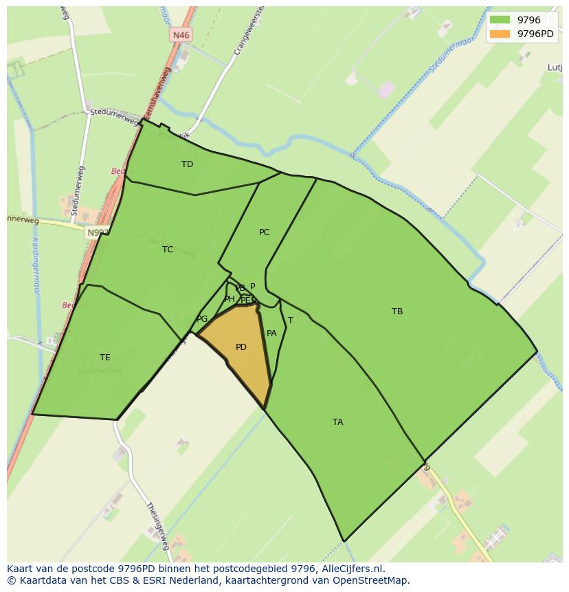 Afbeelding van het postcodegebied 9796 PD op de kaart.