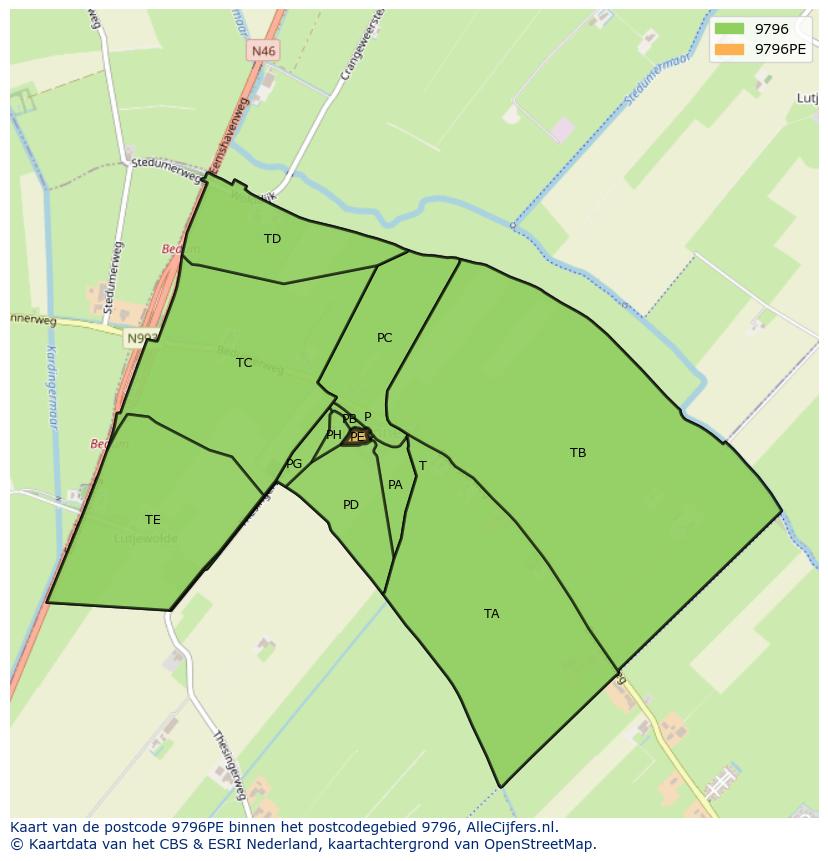 Afbeelding van het postcodegebied 9796 PE op de kaart.