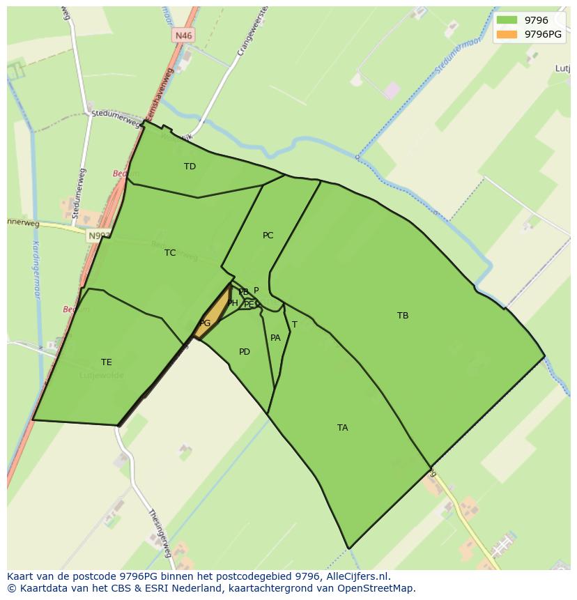 Afbeelding van het postcodegebied 9796 PG op de kaart.