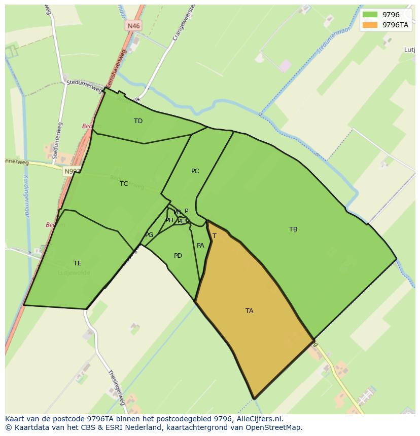 Afbeelding van het postcodegebied 9796 TA op de kaart.