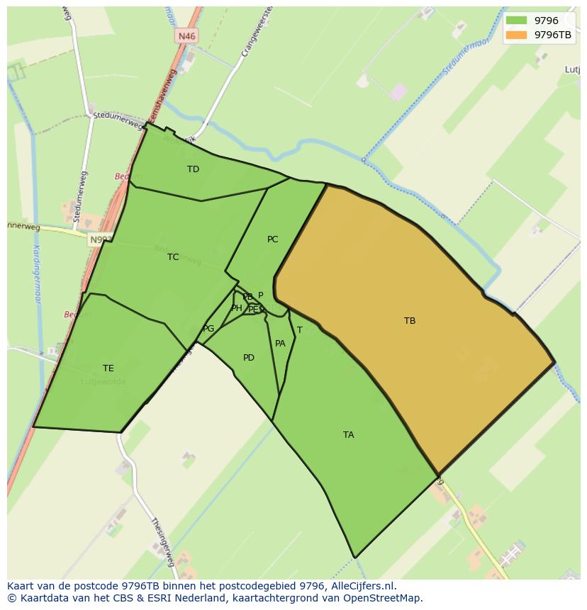 Afbeelding van het postcodegebied 9796 TB op de kaart.