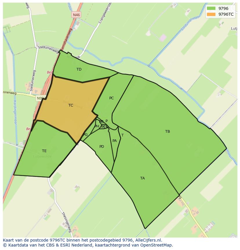 Afbeelding van het postcodegebied 9796 TC op de kaart.