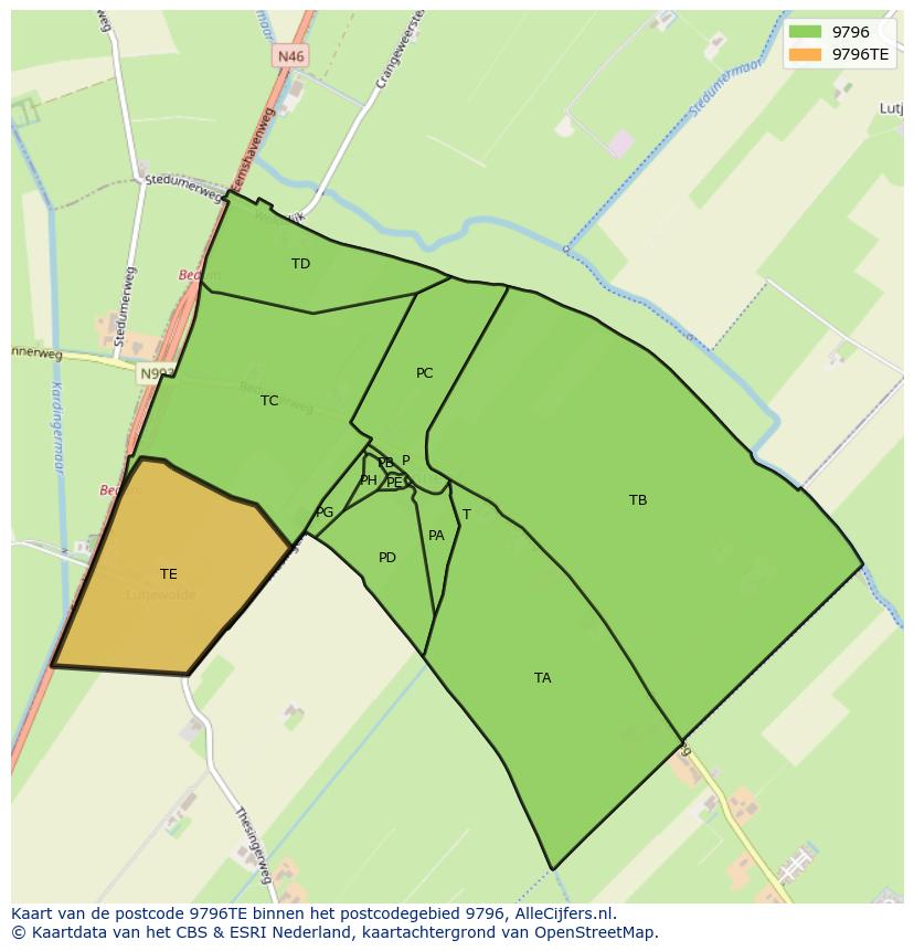 Afbeelding van het postcodegebied 9796 TE op de kaart.