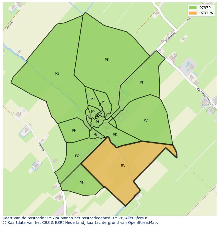Afbeelding van het postcodegebied 9797 PA op de kaart.